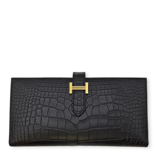 Bearn Bi fold  Noir Wallet in Matte Alligator Gold hardware