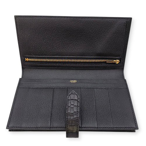 Bearn Bi fold  Noir Wallet in Matte Alligator Gold hardware