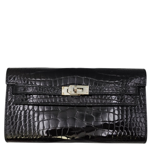 Kelly To Go  Noir Wallet in Shiny Alligator Palladium hardware