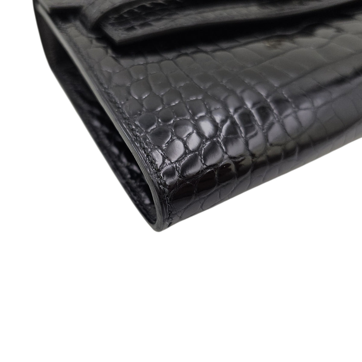 Kelly To Go  Noir Wallet in Shiny Alligator Palladium hardware