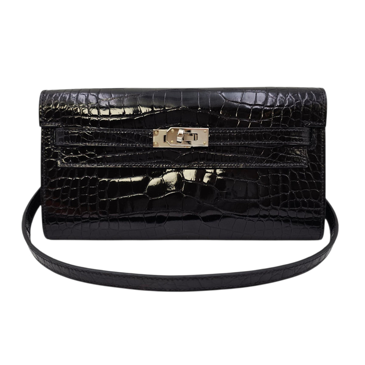 Kelly To Go  Noir Wallet in Shiny Alligator Palladium hardware