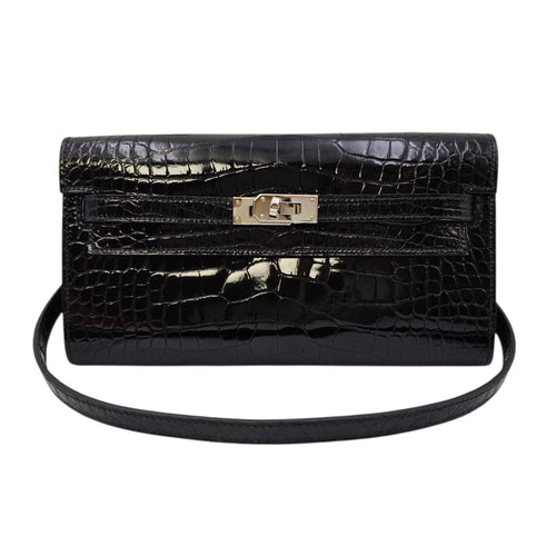 Kelly To Go  Noir Wallet in Shiny Alligator Palladium hardware