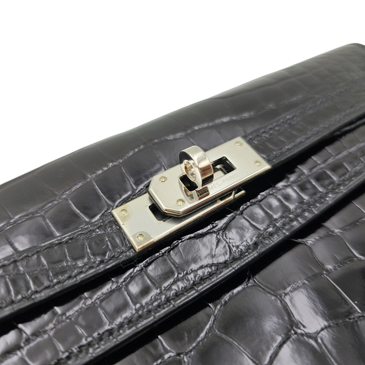 Kelly To Go  Noir Wallet in Shiny Alligator Palladium hardware