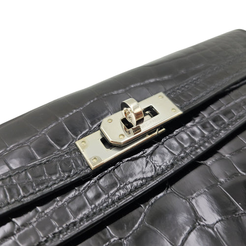 Kelly To Go  Noir Wallet in Shiny Alligator Palladium hardware