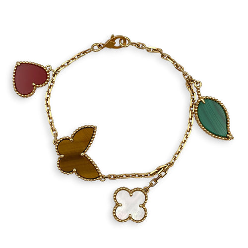 Lucky Alhambra Bracelet, 4 Motifs Bracelet in Yellow Gold, Carnelian, Tiger's Eye, White Mother-of-Pearl, Malachite