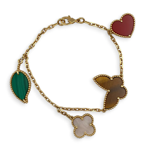 Lucky Alhambra Bracelet, 4 Motifs Bracelet in Yellow Gold, Carnelian, Tiger's Eye, White Mother-of-Pearl, Malachite