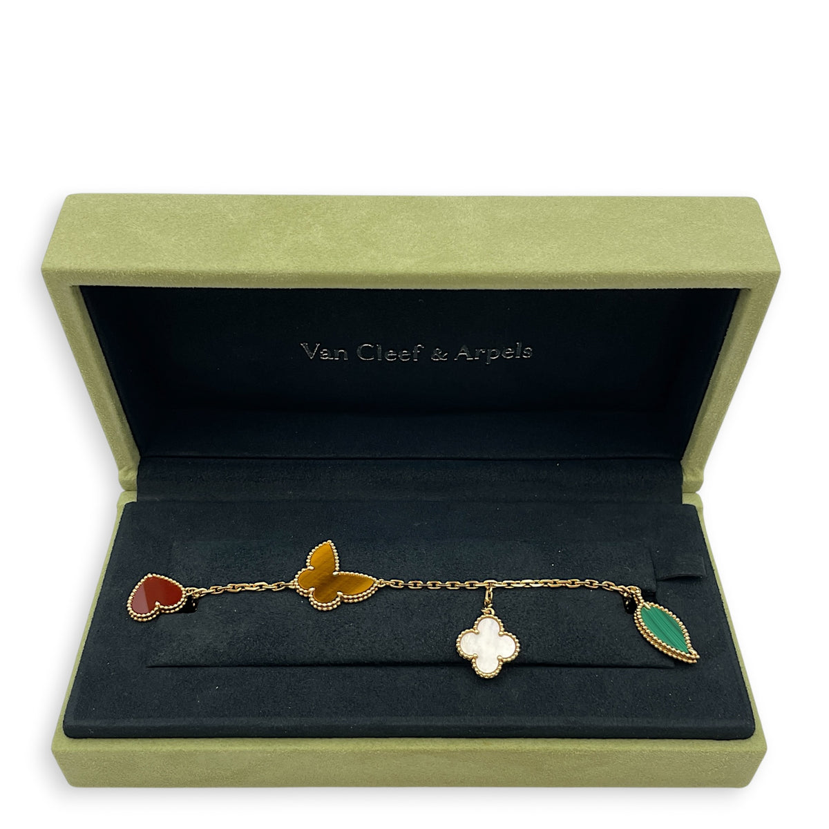 Lucky Alhambra Bracelet, 4 Motifs Bracelet in Yellow Gold, Carnelian, Tiger's Eye, White Mother-of-Pearl, Malachite