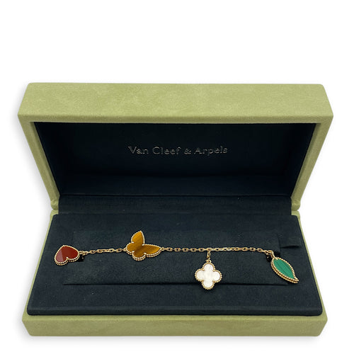 Lucky Alhambra Bracelet, 4 Motifs Bracelet in Yellow Gold, Carnelian, Tiger's Eye, White Mother-of-Pearl, Malachite