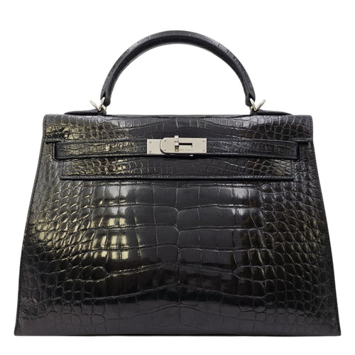 Sellier Kelly 32 Noir in Shiny Alligator Palladium hardware