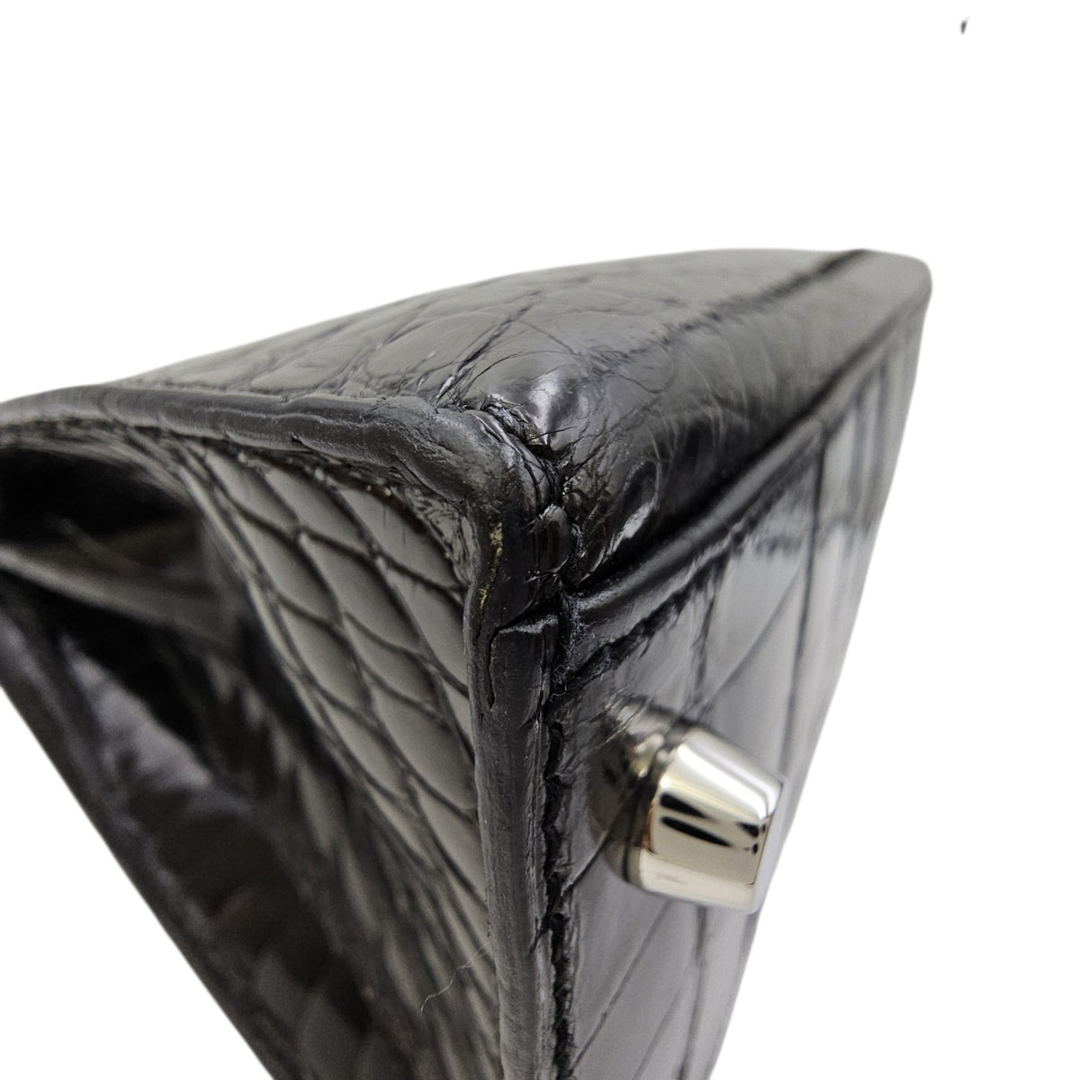 Sellier Kelly 32 Noir in Shiny Alligator Palladium hardware