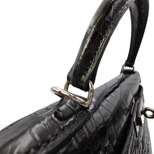 Sellier Kelly 32 Noir in Shiny Alligator Palladium hardware