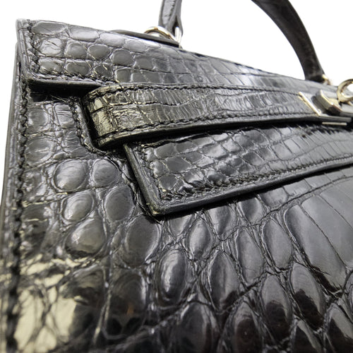 Sellier Kelly 32 Noir in Shiny Alligator Palladium hardware