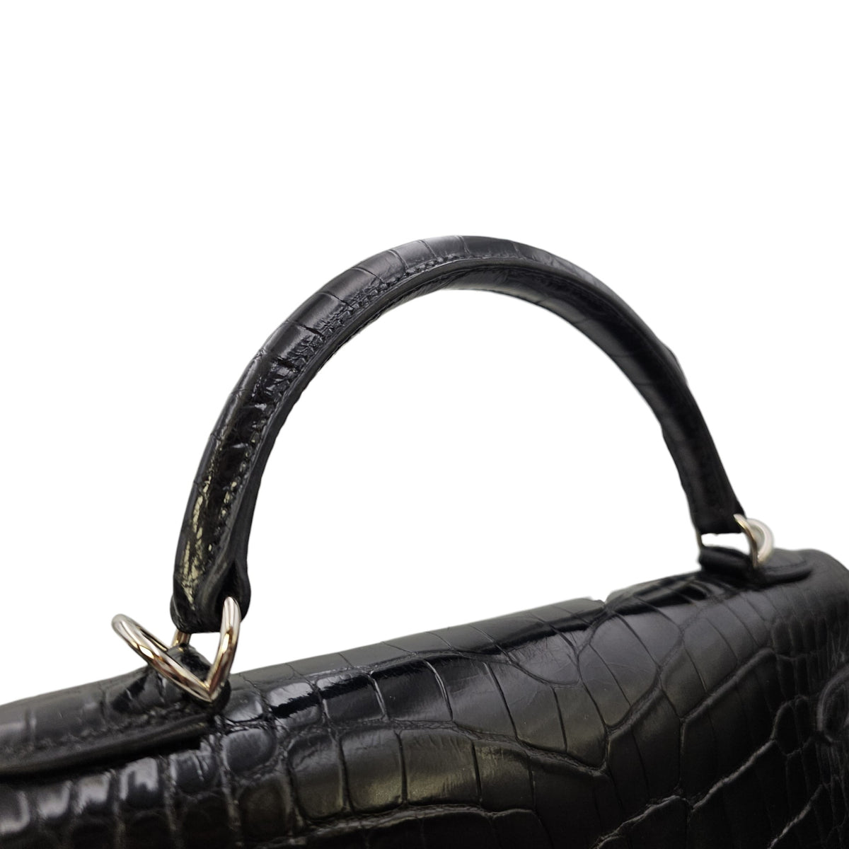 Sellier Kelly 32 Noir in Shiny Alligator Palladium hardware