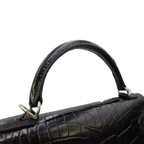 Sellier Kelly 32 Noir in Shiny Alligator Palladium hardware