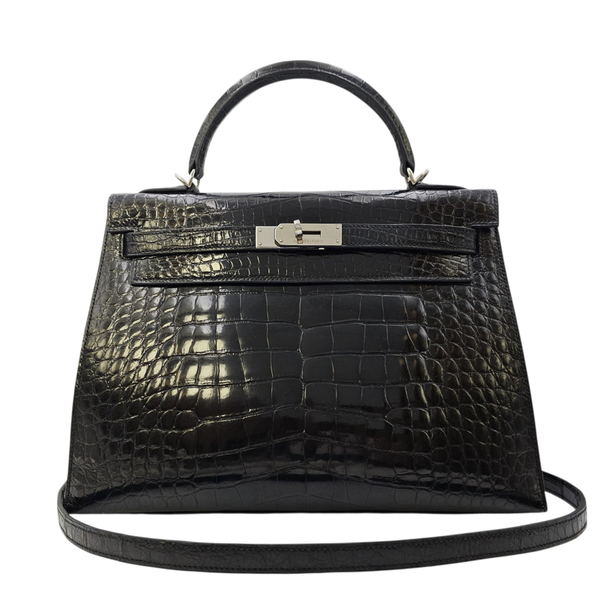 Sellier Kelly 32 Noir in Shiny Alligator Palladium hardware