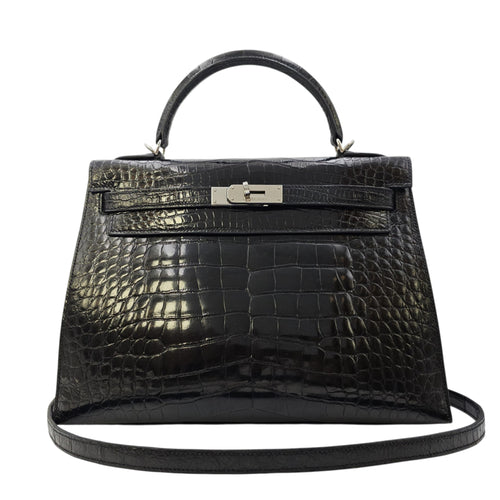 Sellier Kelly 32 Noir in Shiny Alligator Palladium hardware
