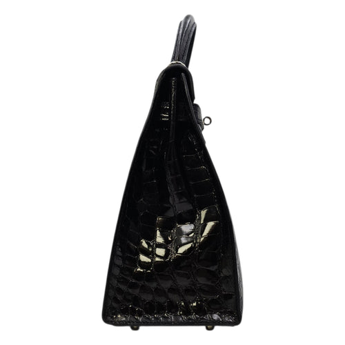 Sellier Kelly 32 Noir in Shiny Alligator Palladium hardware