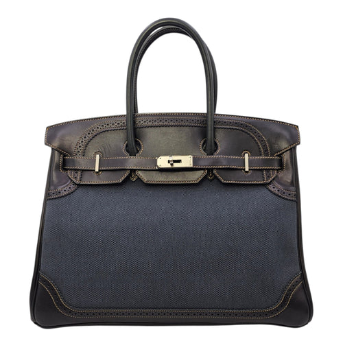 Ghillies Birkin  35 Noir/Denim  in Tadelakt/Toile Brushed Palladium hardware