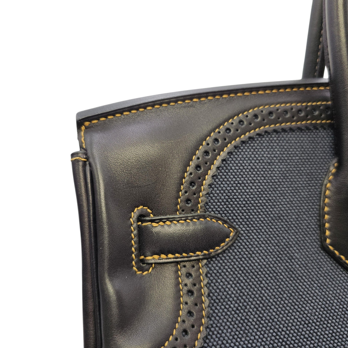 Ghillies Birkin  35 Noir/Denim  in Tadelakt/Toile Brushed Palladium hardware