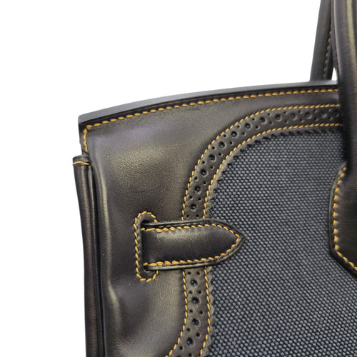 Ghillies Birkin  35 Noir/Denim  in Tadelakt/Toile Brushed Palladium hardware