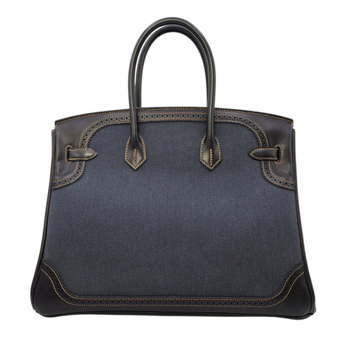 Ghillies Birkin  35 Noir/Denim  in Tadelakt/Toile Brushed Palladium hardware