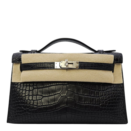 Kelly Pochette Noir in Matte Alligator Palladium hardware