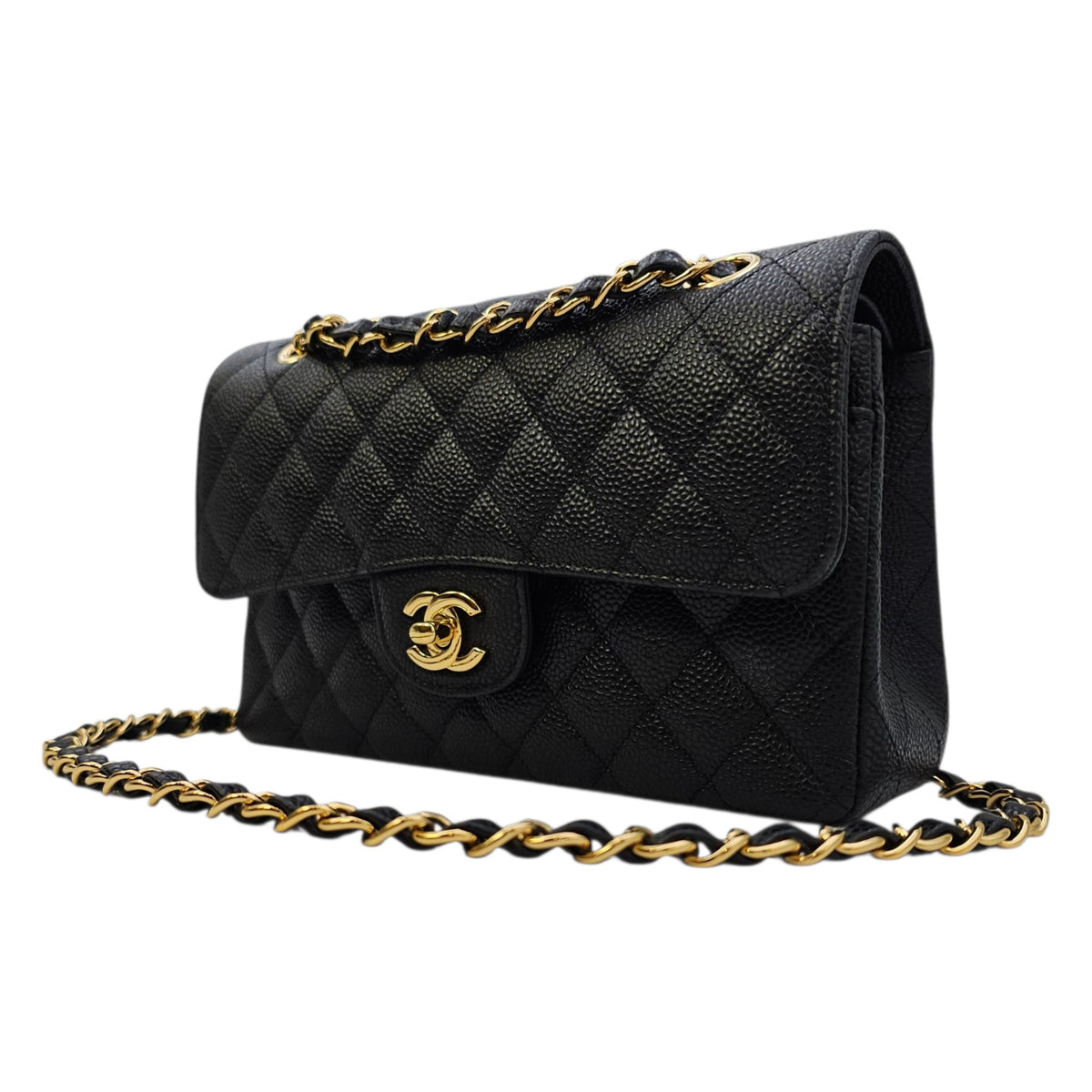 Classic (Double Flap) Small Black Shoulder Bag in Caviar Leather Gold hardware