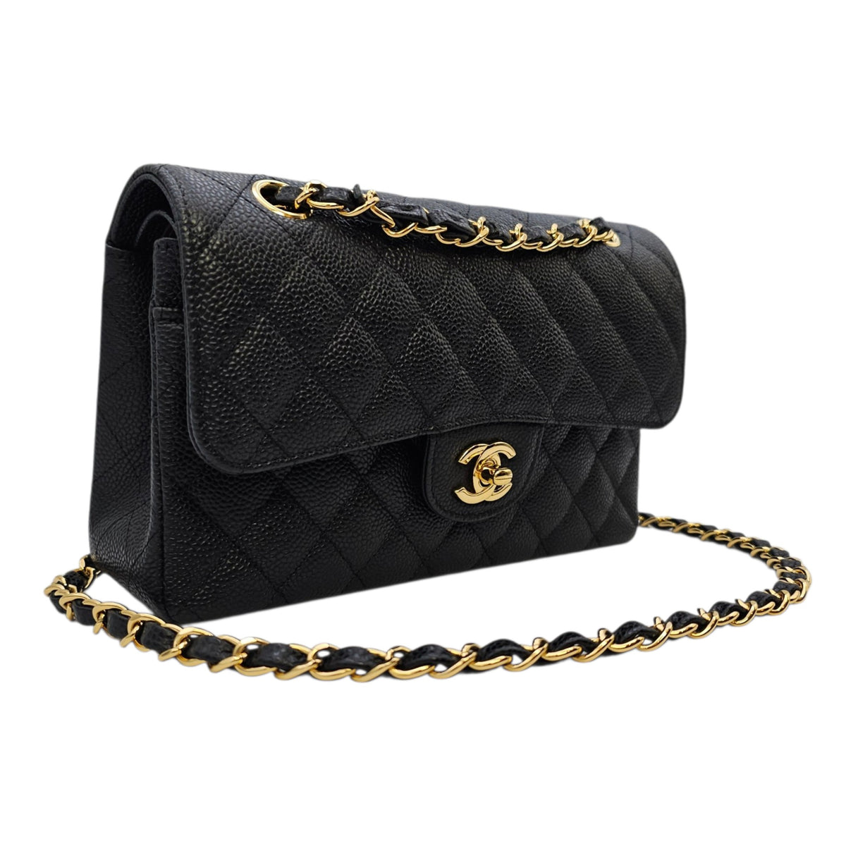Classic (Double Flap) Small Black Shoulder Bag in Caviar Leather Gold hardware