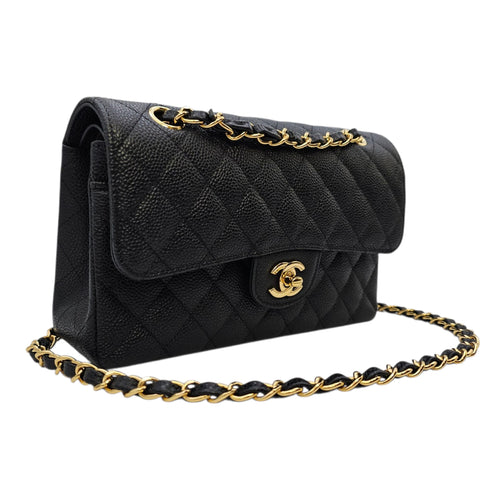Classic (Double Flap) Small Black Shoulder Bag in Caviar Leather Gold hardware