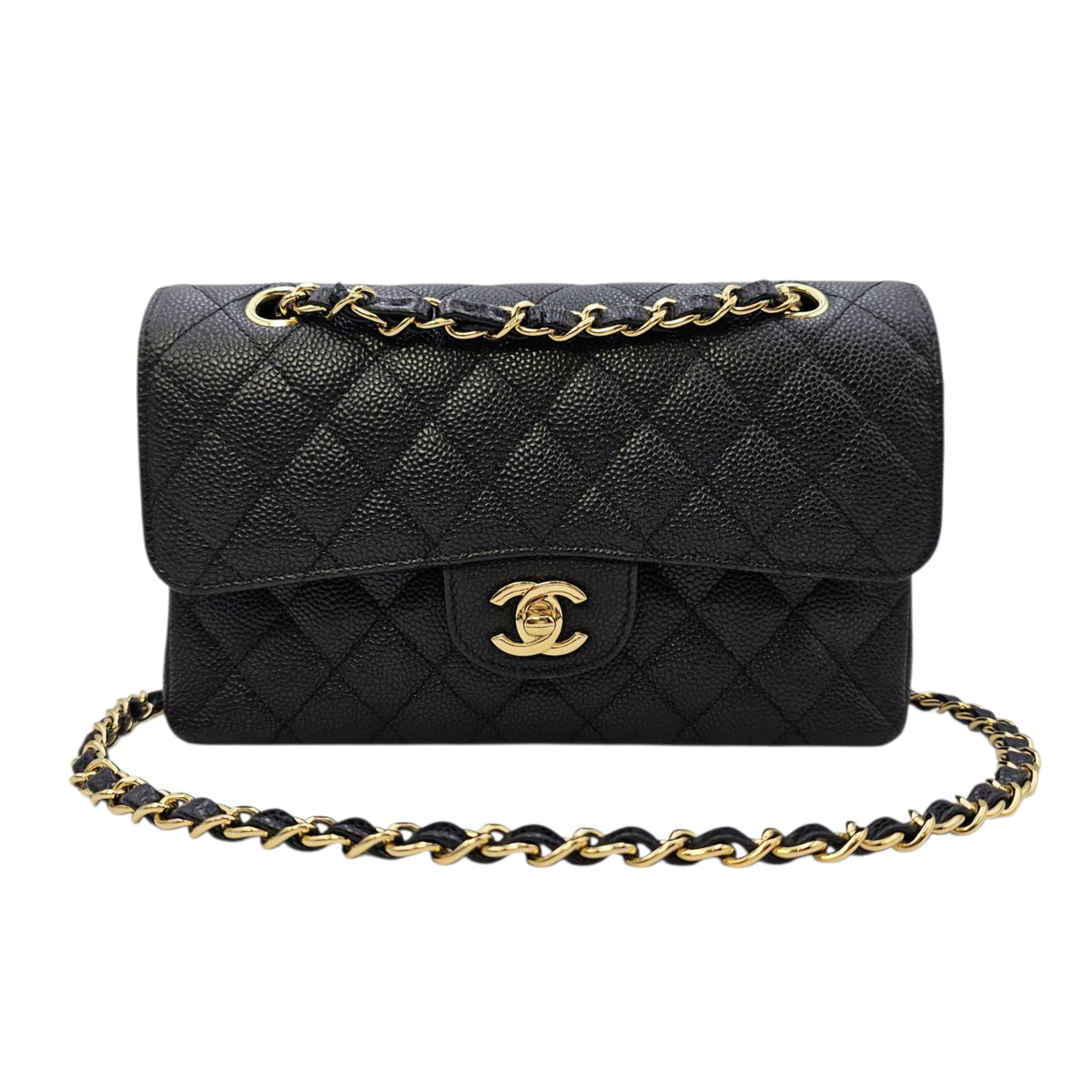 Classic (Double Flap) Small Black Shoulder Bag in Caviar Leather Gold hardware