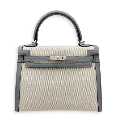 Sellier Kelly 25 Gris Pantin/Ecru-Blue Glacier in Swift/Toile H  Palladium hardware
