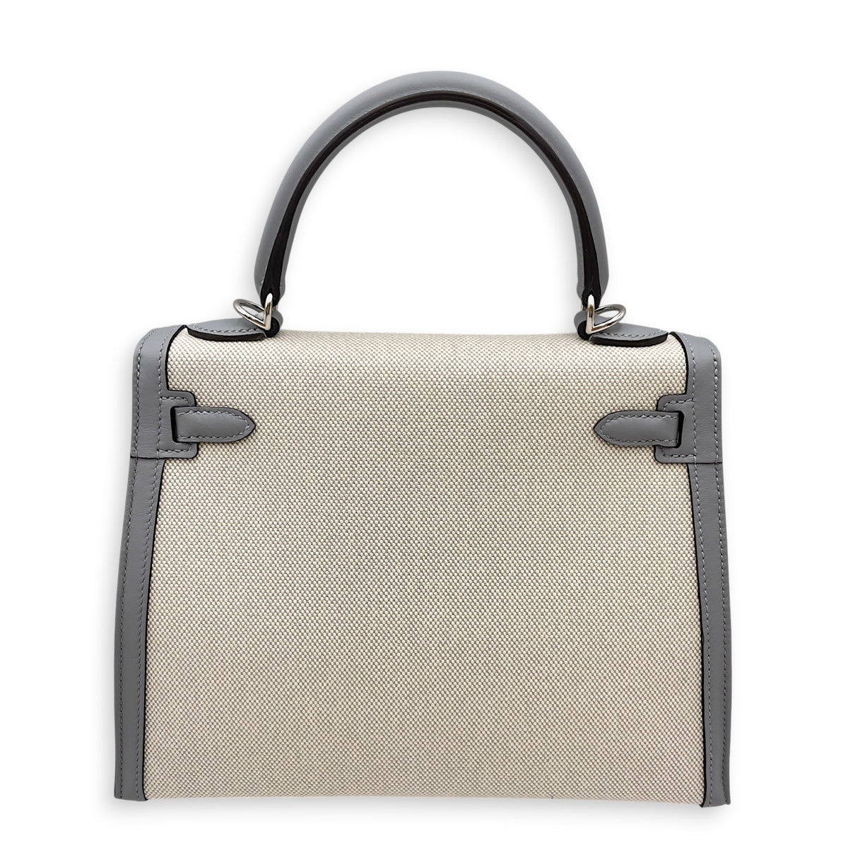 Sellier Kelly 25 Gris Pantin/Ecru-Blue Glacier in Swift/Toile H  Palladium hardware