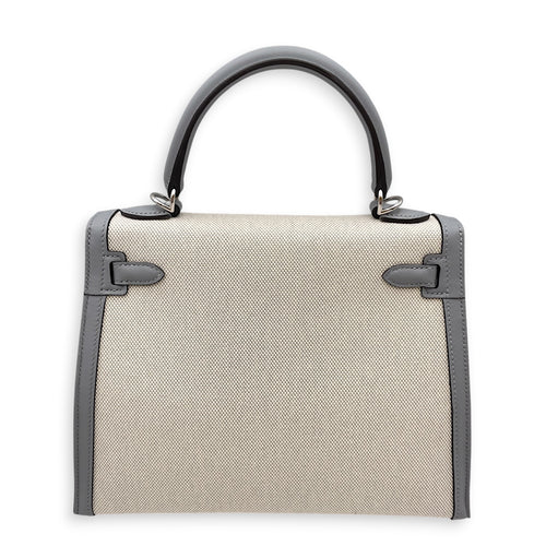 Sellier Kelly 25 Gris Pantin/Ecru-Blue Glacier in Swift/Toile H  Palladium hardware
