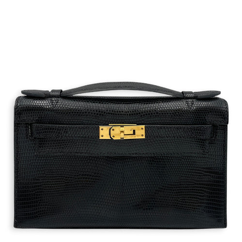 Kelly Pochette Noir in Lizard Varanus Niloticus Gold hardware