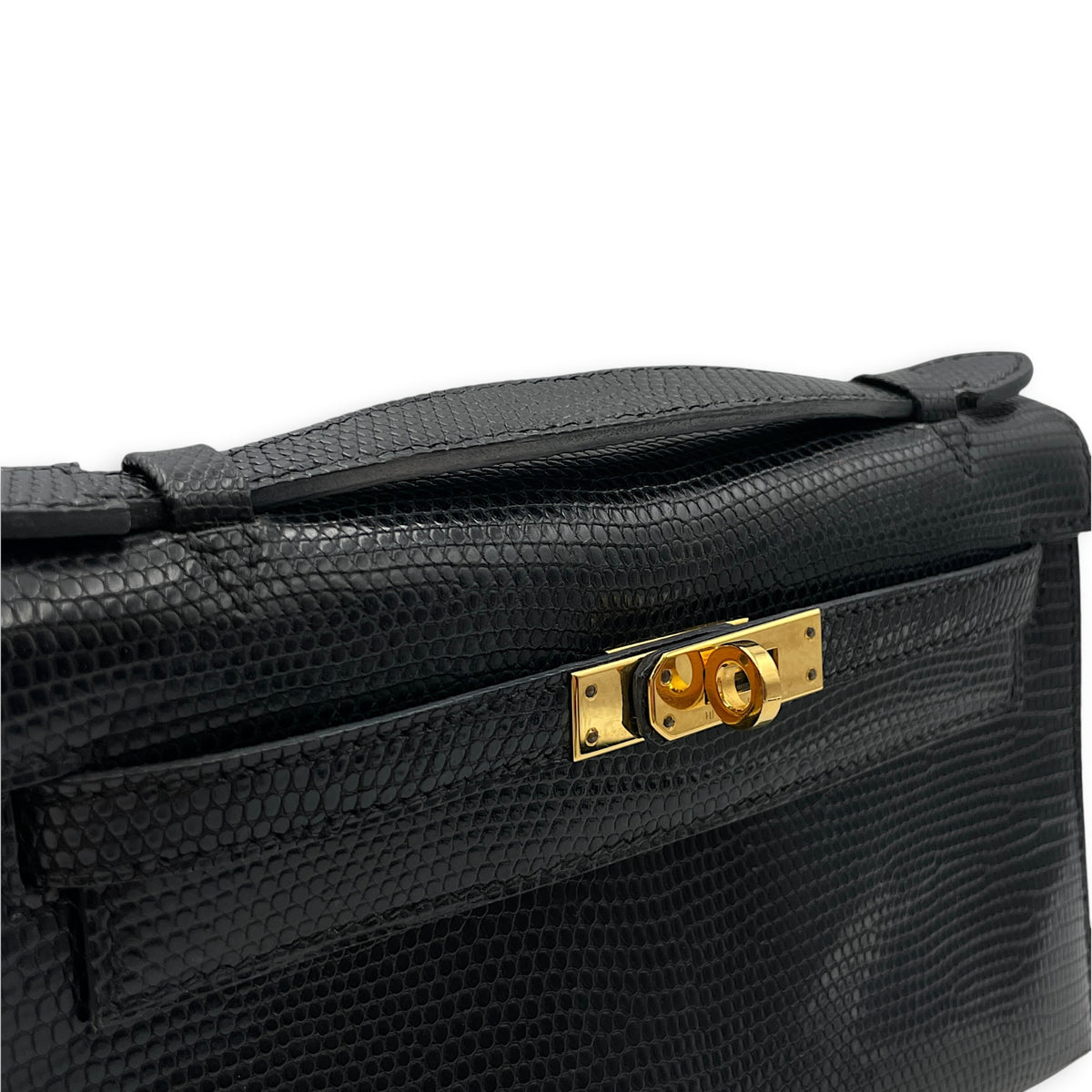 Kelly Pochette Noir in Lizard Varanus Niloticus Gold hardware