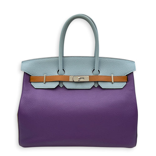 Birkin Alerquin  35 Etain/Etoupe/blue lin/ultra violet/blue obscure/gold in Clemence Palladium hardware