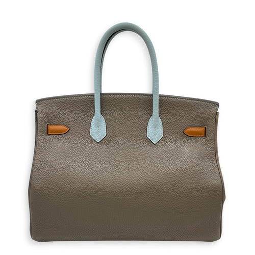 Birkin Alerquin  35 Etain/Etoupe/blue lin/ultra violet/blue obscure/gold in Clemence Palladium hardware
