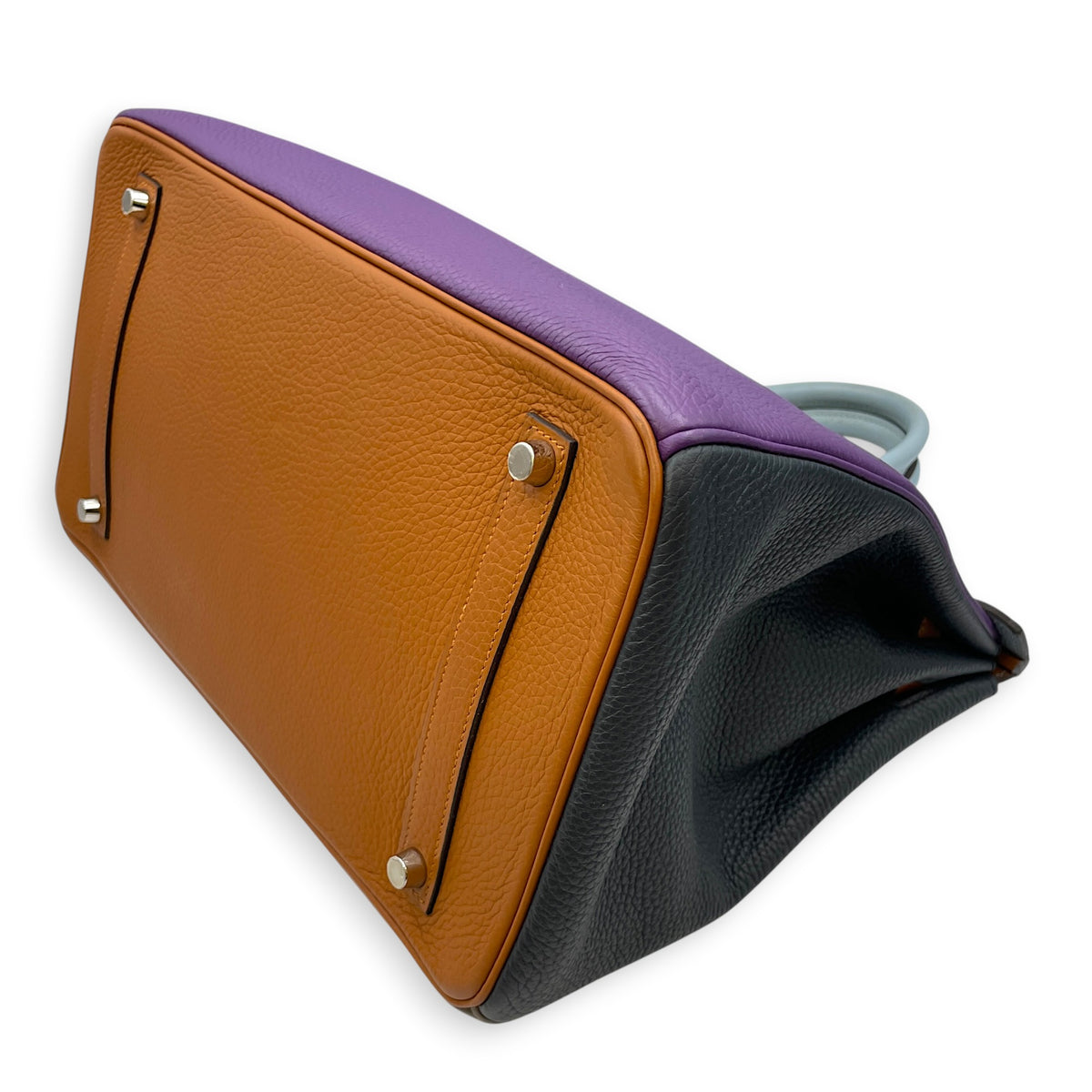 Birkin Alerquin  35 Etain/Etoupe/blue lin/ultra violet/blue obscure/gold in Clemence Palladium hardware