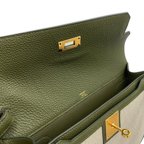 Kelly Depeches 25 Vert Amande-Ecru/Vert Veronese in Togo/Toile Gold hardware
