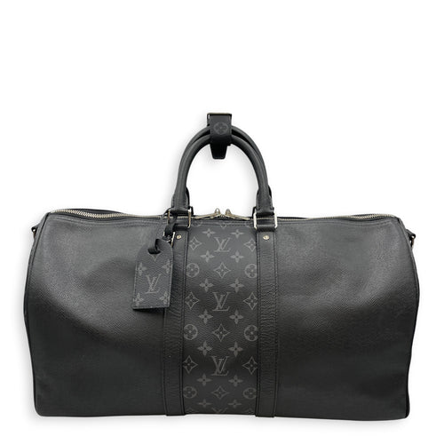 Keepall Black Duffle Bag in Taiga Leather Silver hardware