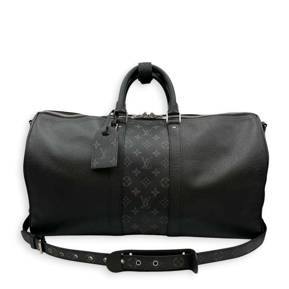 Keepall Black Duffle Bag in Taiga Leather Silver hardware