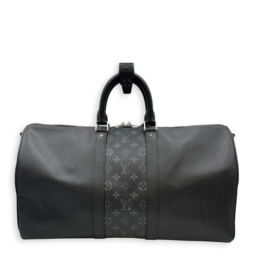 Keepall Black Duffle Bag in Taiga Leather Silver hardware