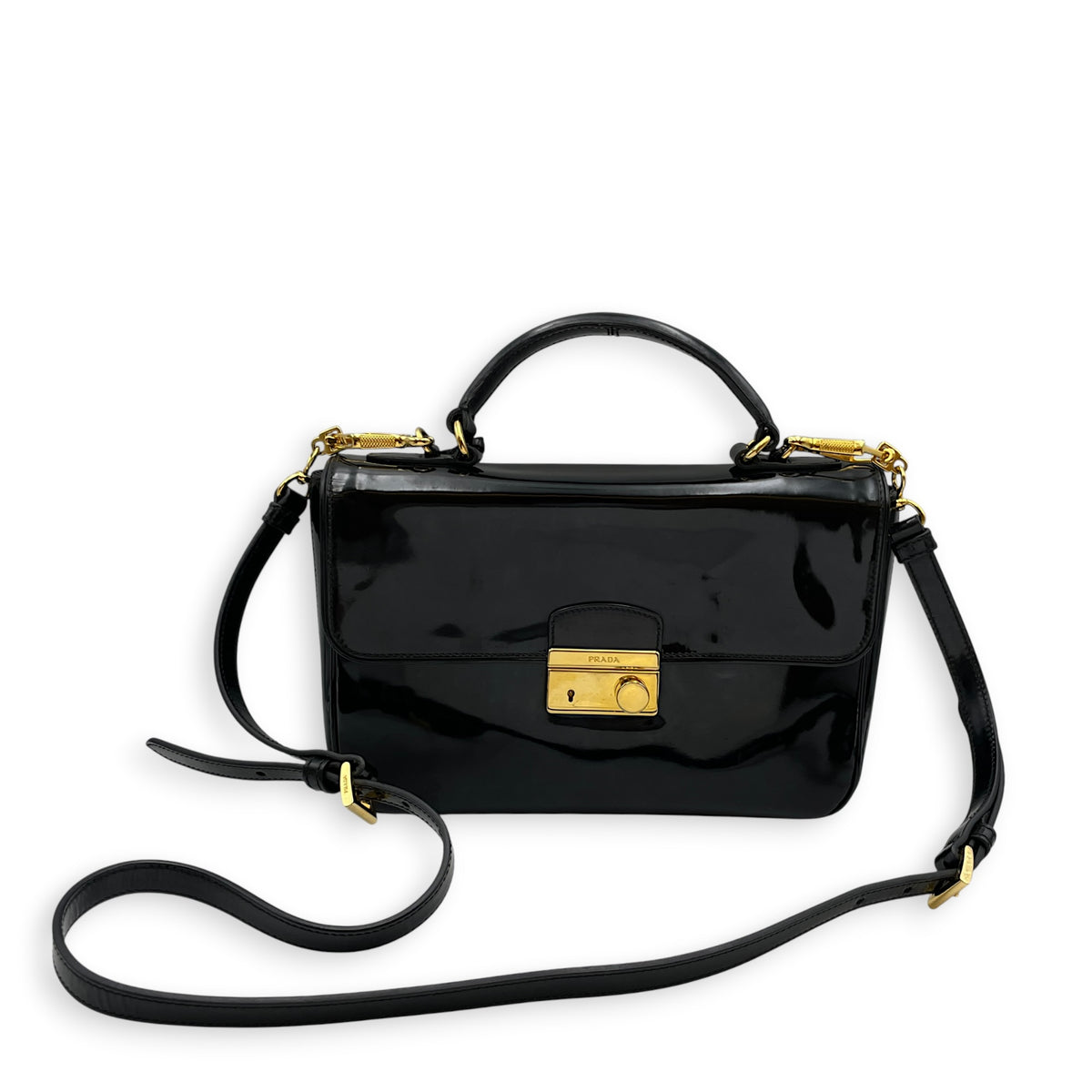 Flap  Black Top Handle Bag in Patent Leather Gold hardware