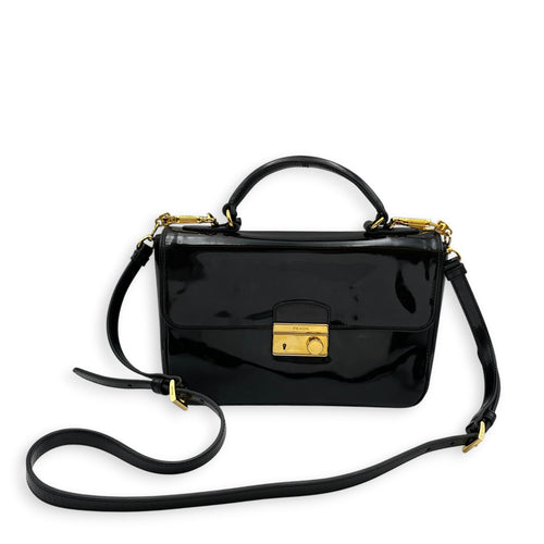 Flap  Black Top Handle Bag in Patent Leather Gold hardware