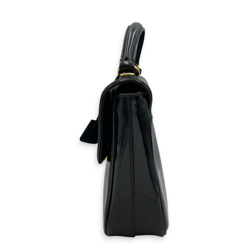 Flap  Black Top Handle Bag in Patent Leather Gold hardware