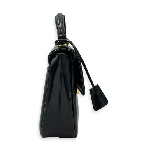 Flap  Black Top Handle Bag in Patent Leather Gold hardware