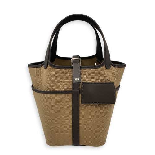 Picotin Pocket 18 Mousse/Bai Brun  in Toile/Swift Palladium hardware