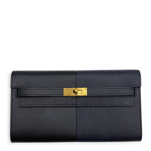 Kelly To Go Casaque Blue Indigo/Noir/Bleu frida Wallet in Epsom Gold hardware