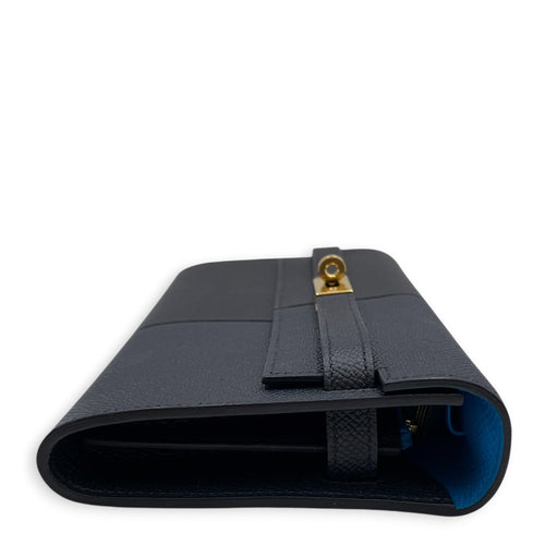 Kelly To Go Casaque Blue Indigo/Noir/Bleu frida Wallet in Epsom Gold hardware