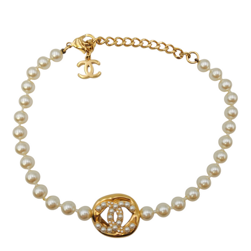 Pearl with CC Logo  Gold Necklace  Gold hardware